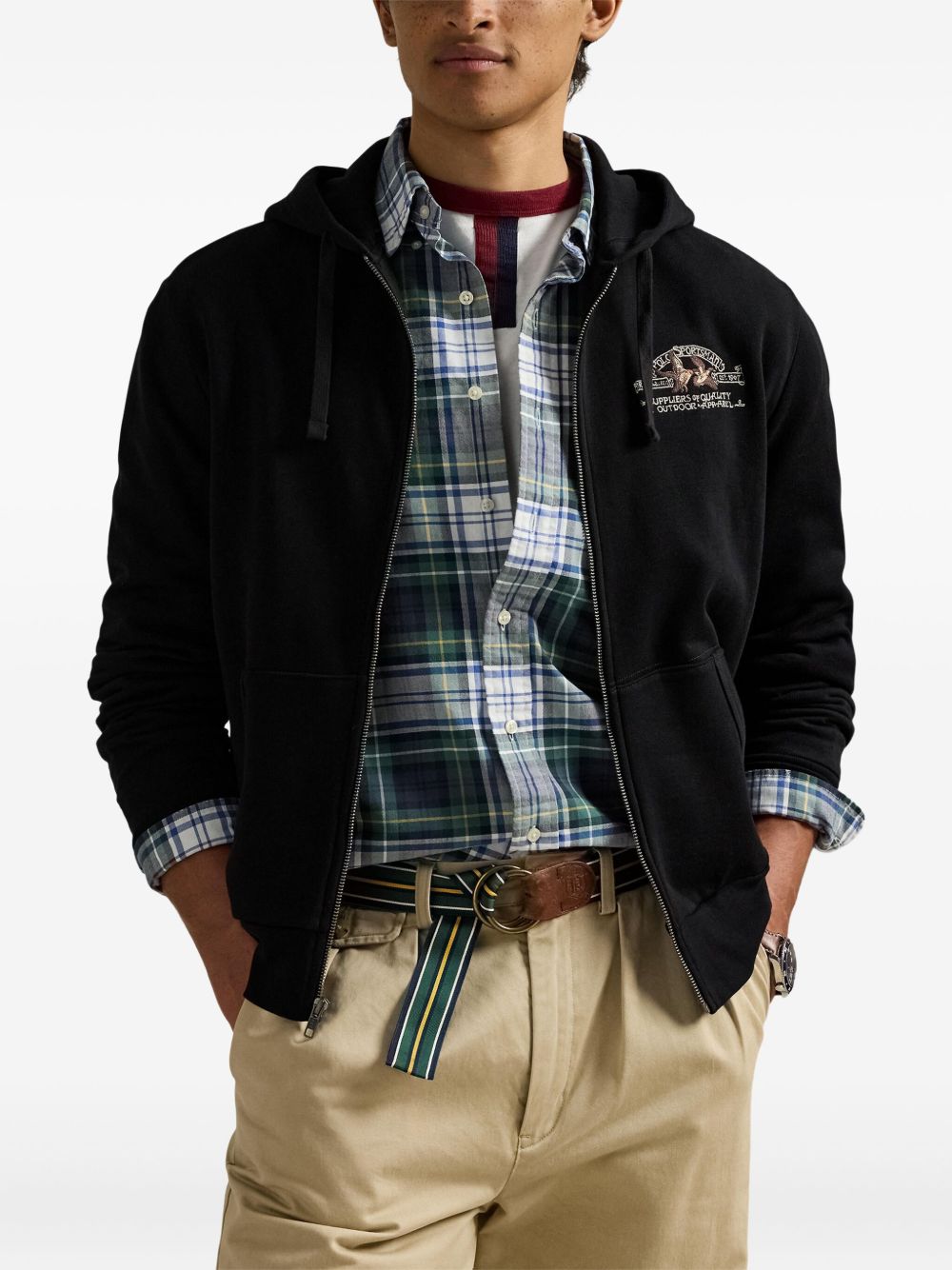 embroidered logo zip-up hoodie