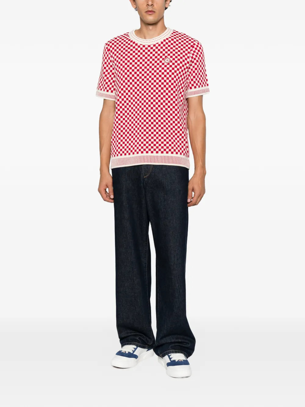checkerboard-knit logo-patch sweater