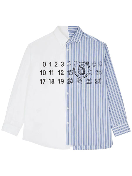 Numbers-Motif Striped Cotton Shirt