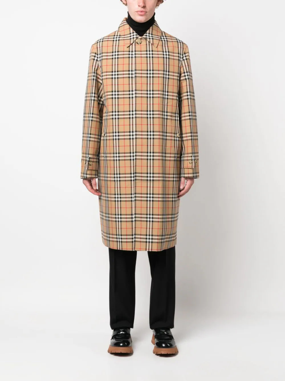 Check-Pattern Cotton Trench Coat