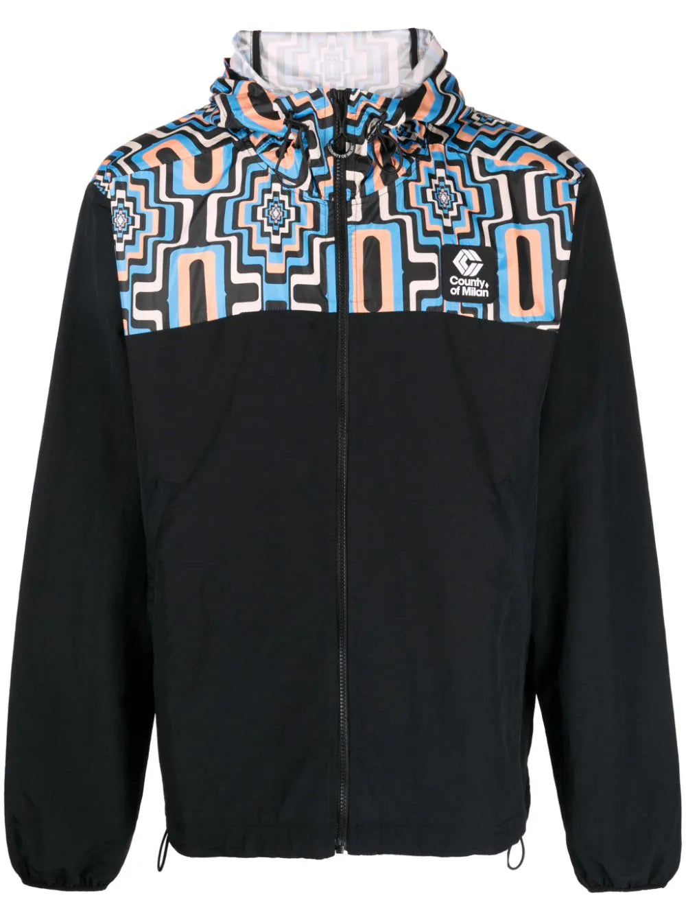 Cross-Print Panelled Hooded Windbreaker