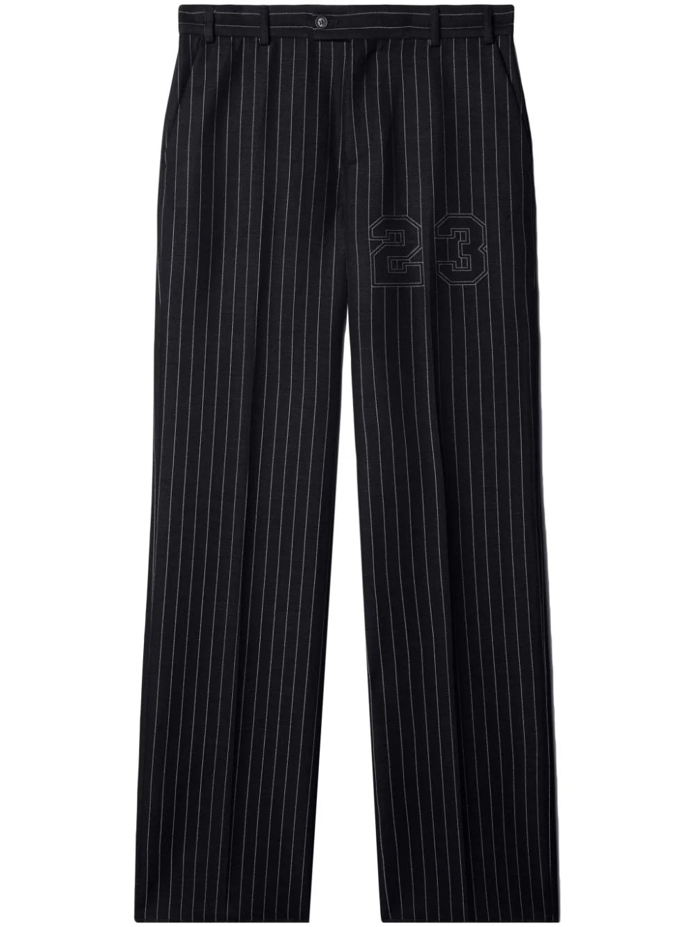 Number-Print Pinstriped Slim-Cut Trousers