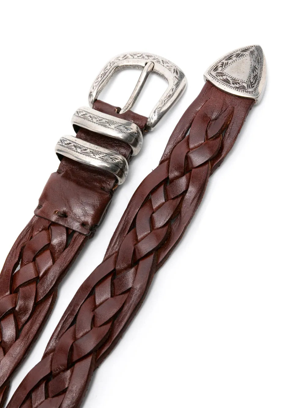 Engraved-Buckle Braided Leather Belt