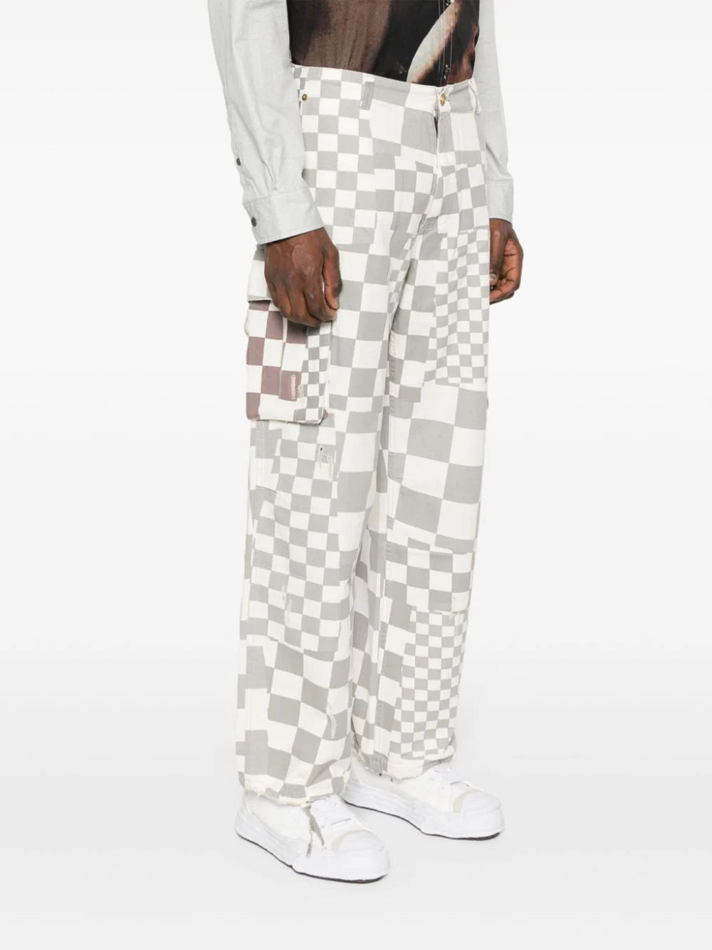 Distressed Checked Straight Trousers