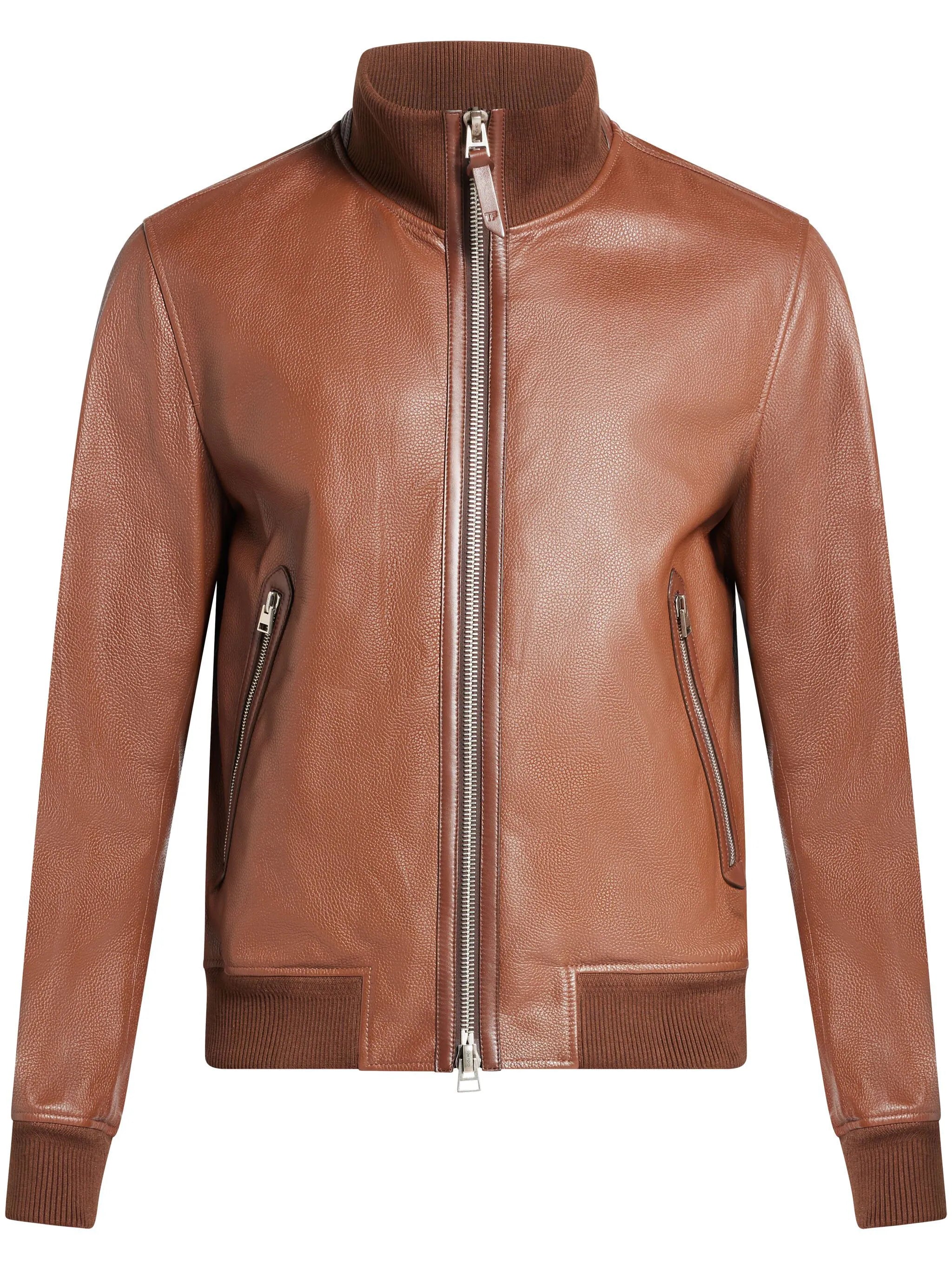 Ribbed-Edge Leather Bomber Jacket