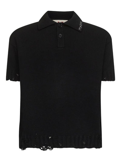 Ribbed-Collar Frayed-Edge Polo Shirt