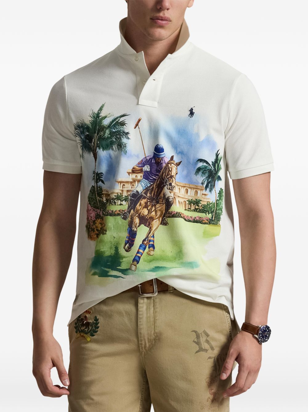 equestrian print mesh polo shirt