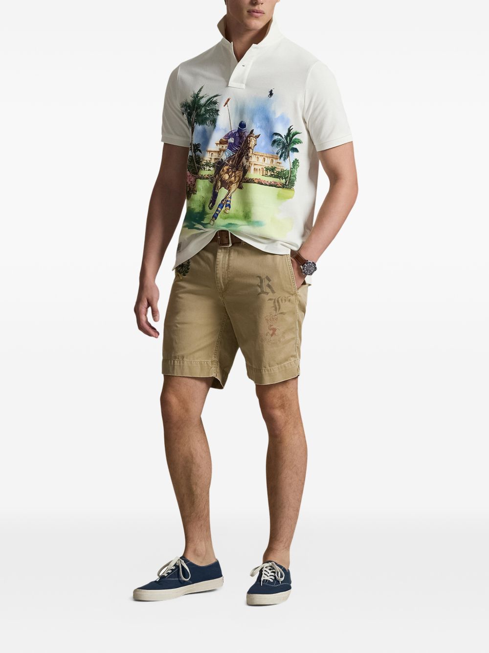 equestrian print mesh polo shirt