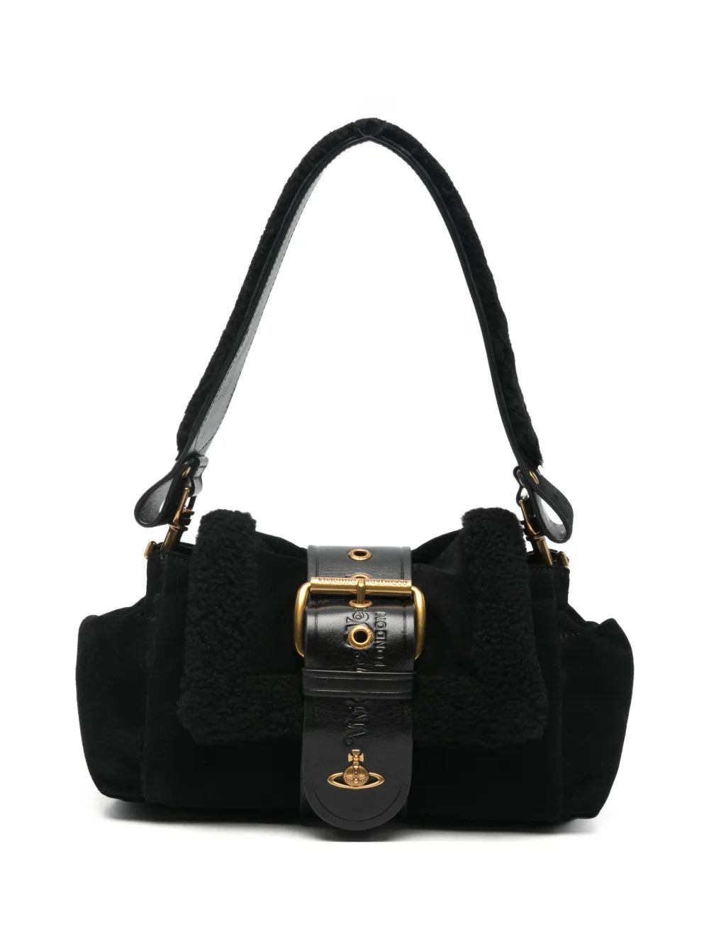 buckle-detail shearling-trim shoulder bag