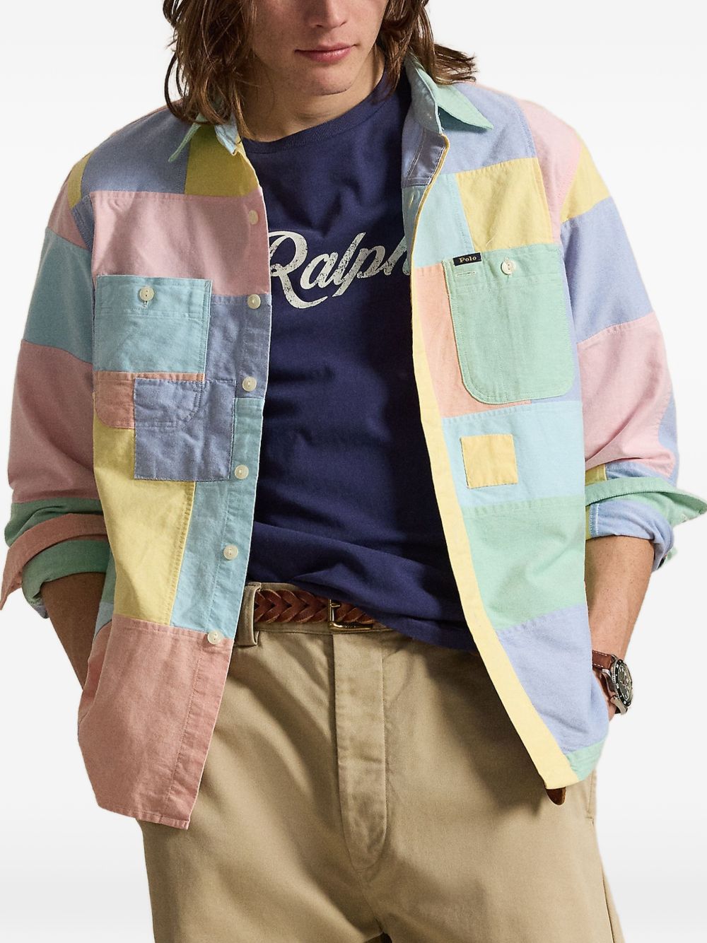 patchwork-design button-down shirt