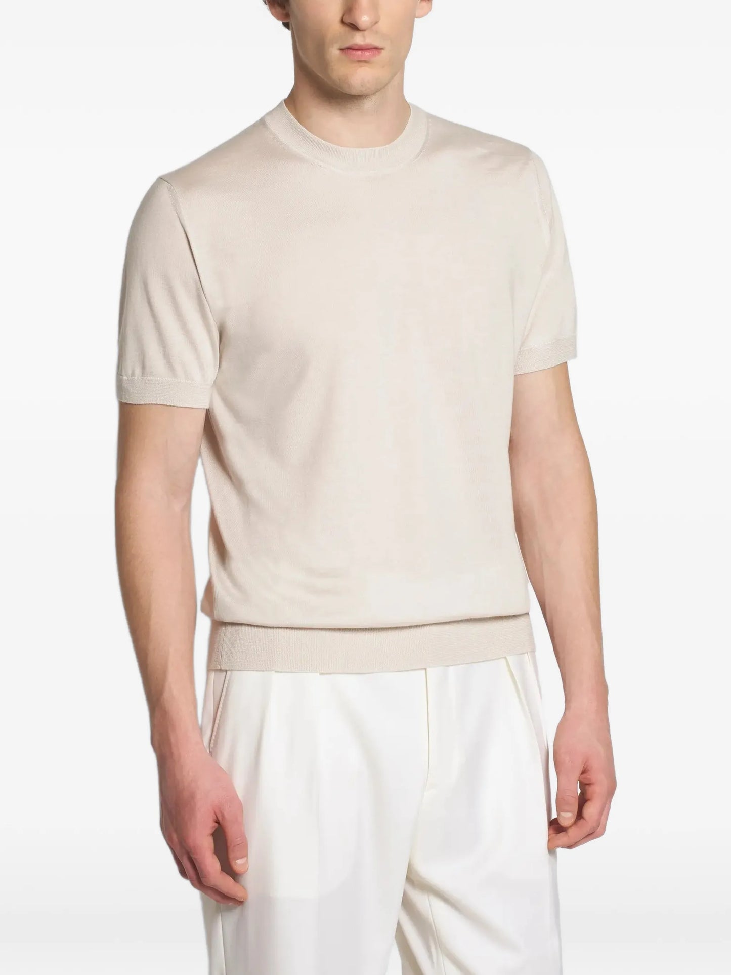 Fine-Knit Ribbed-Trim T-Shirt