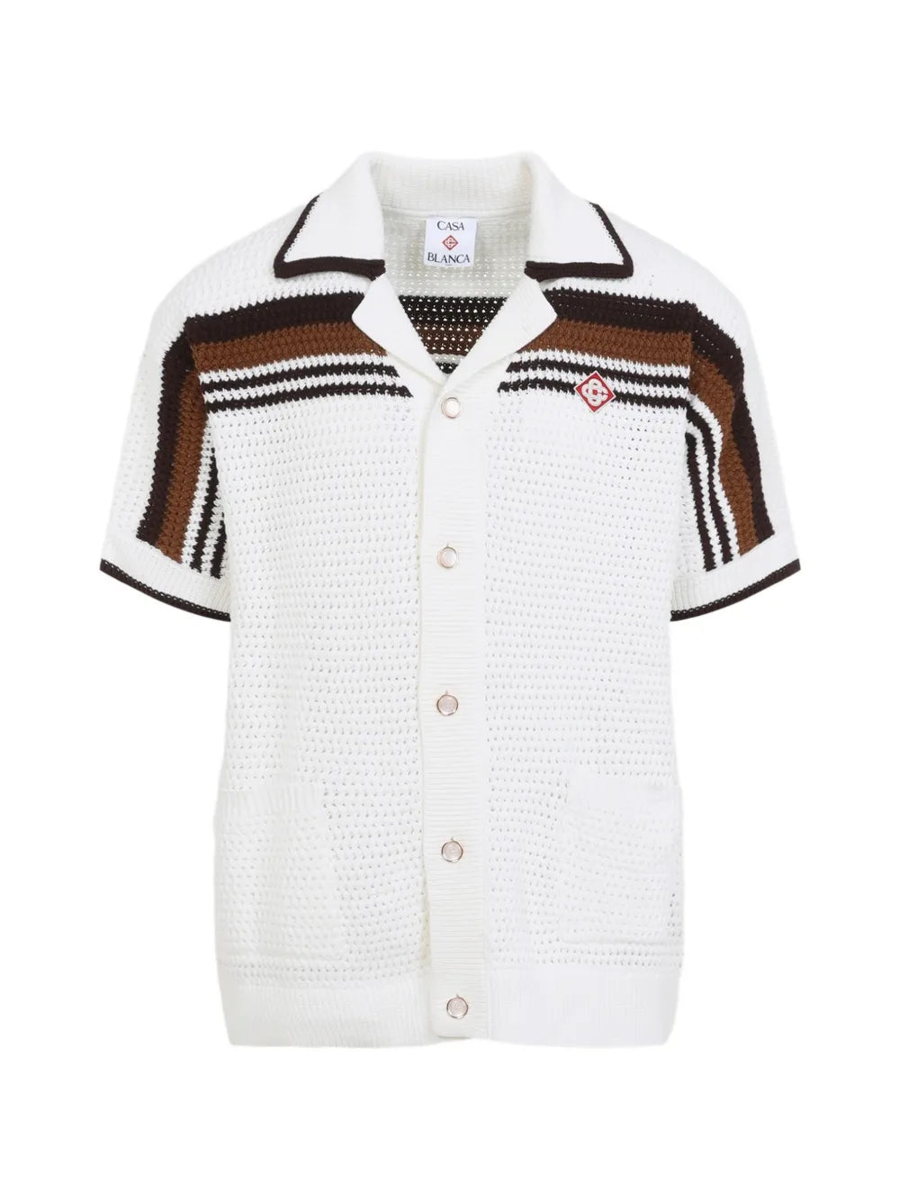 white & brown Tennis Stripe crochet short sleeve shirt