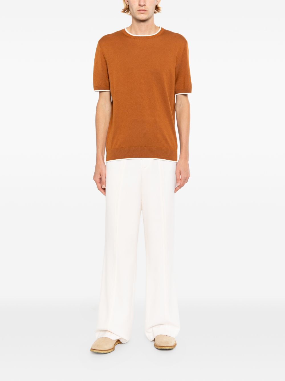 contrast-trim fine-knit T-shirt