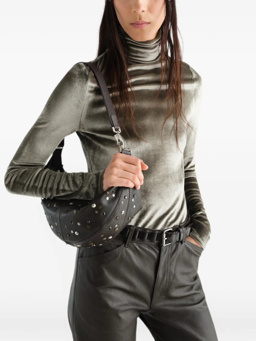 mini quiver clip bag in satellite-studded grained buffalo leather