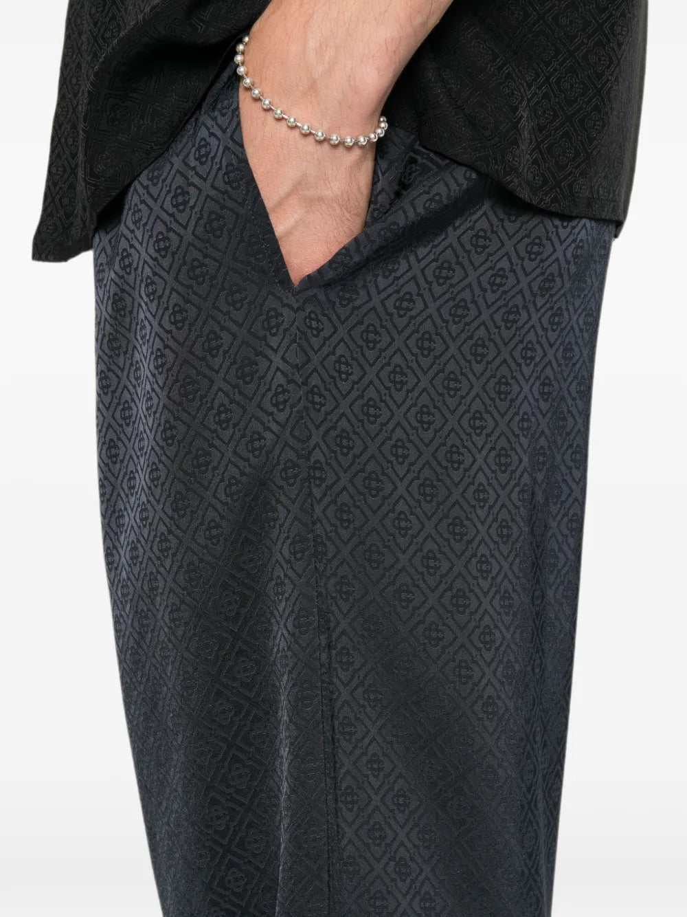 dark navy monogram silk trousers