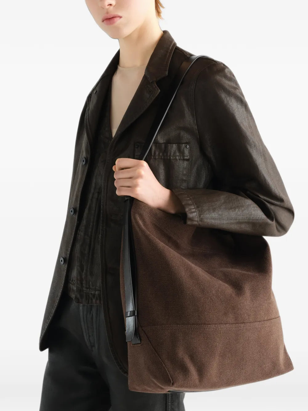 dark brown cotton belted tote