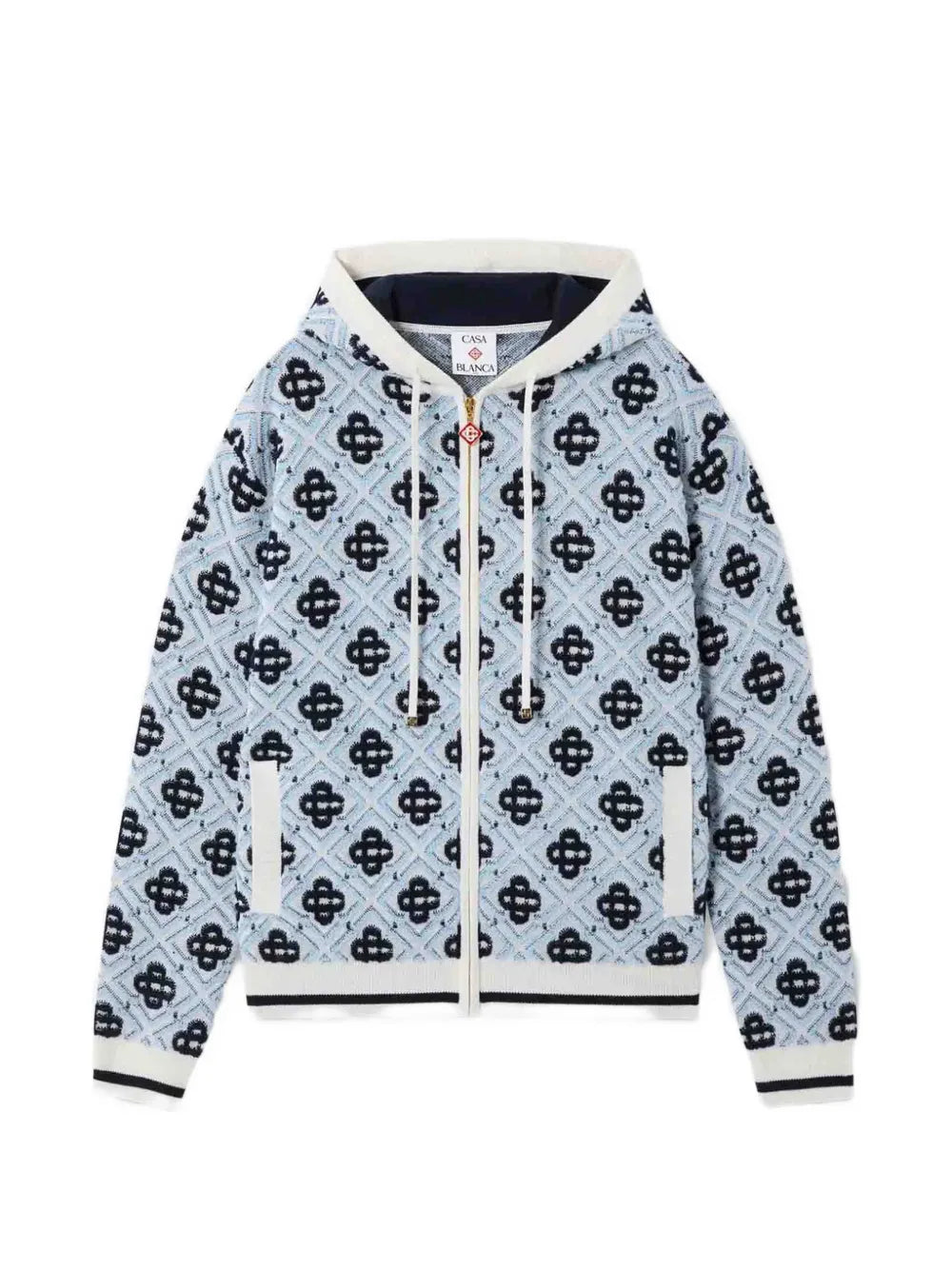 blue merino monogram zip‑up hooded sweatshirt