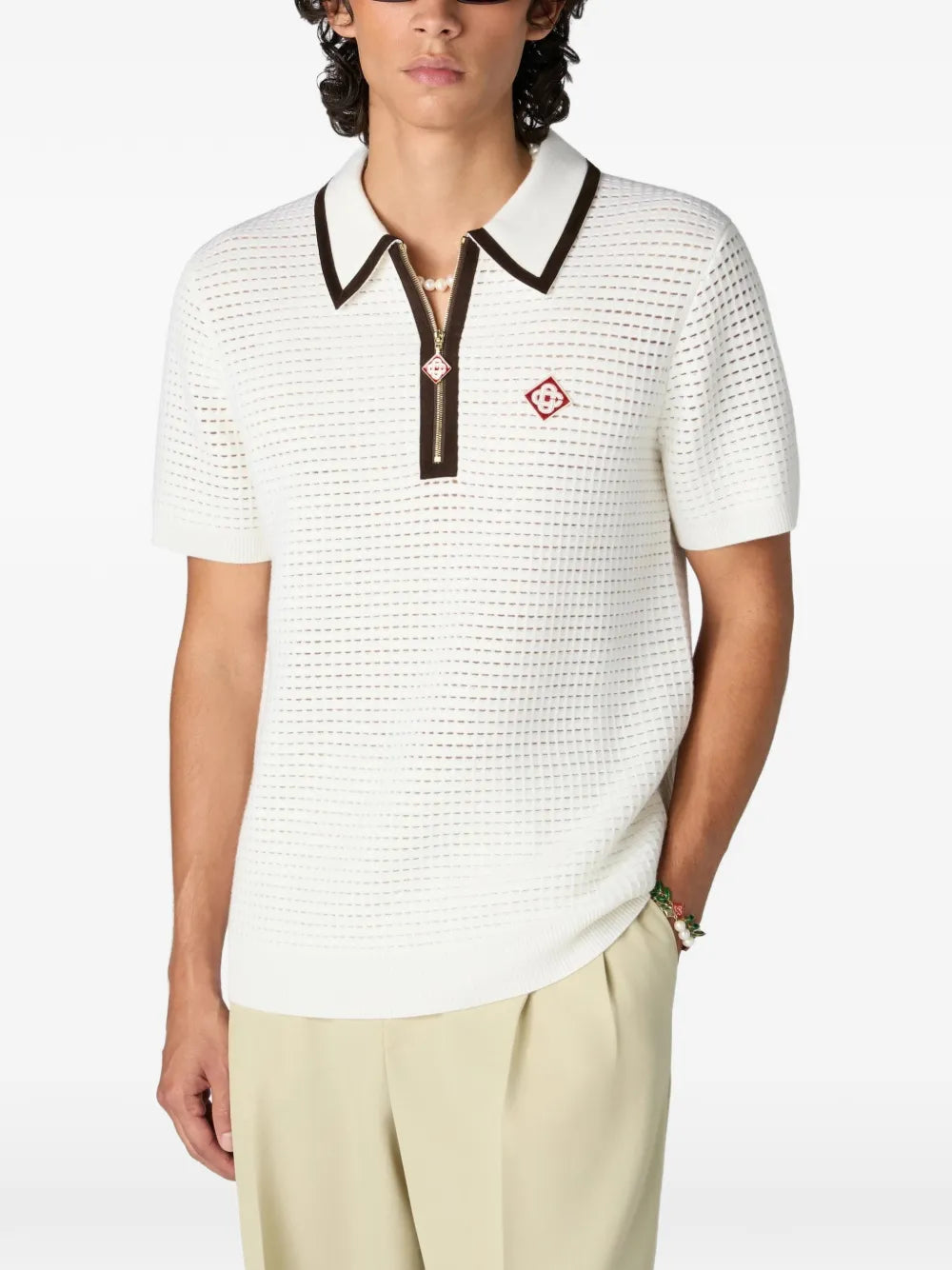 wool waffle stitch short sleeve polo shirt