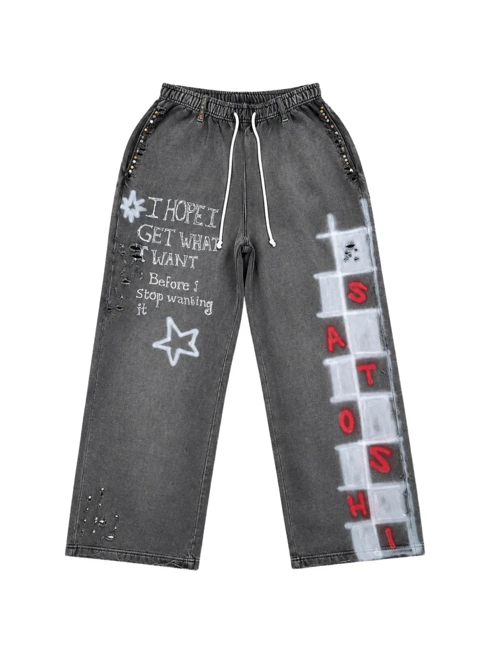 Get What I Want distressed graffiti-print trousers