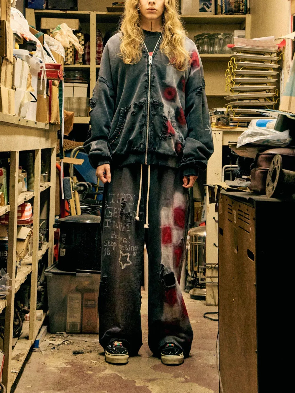 Get What I Want distressed graffiti-print trousers