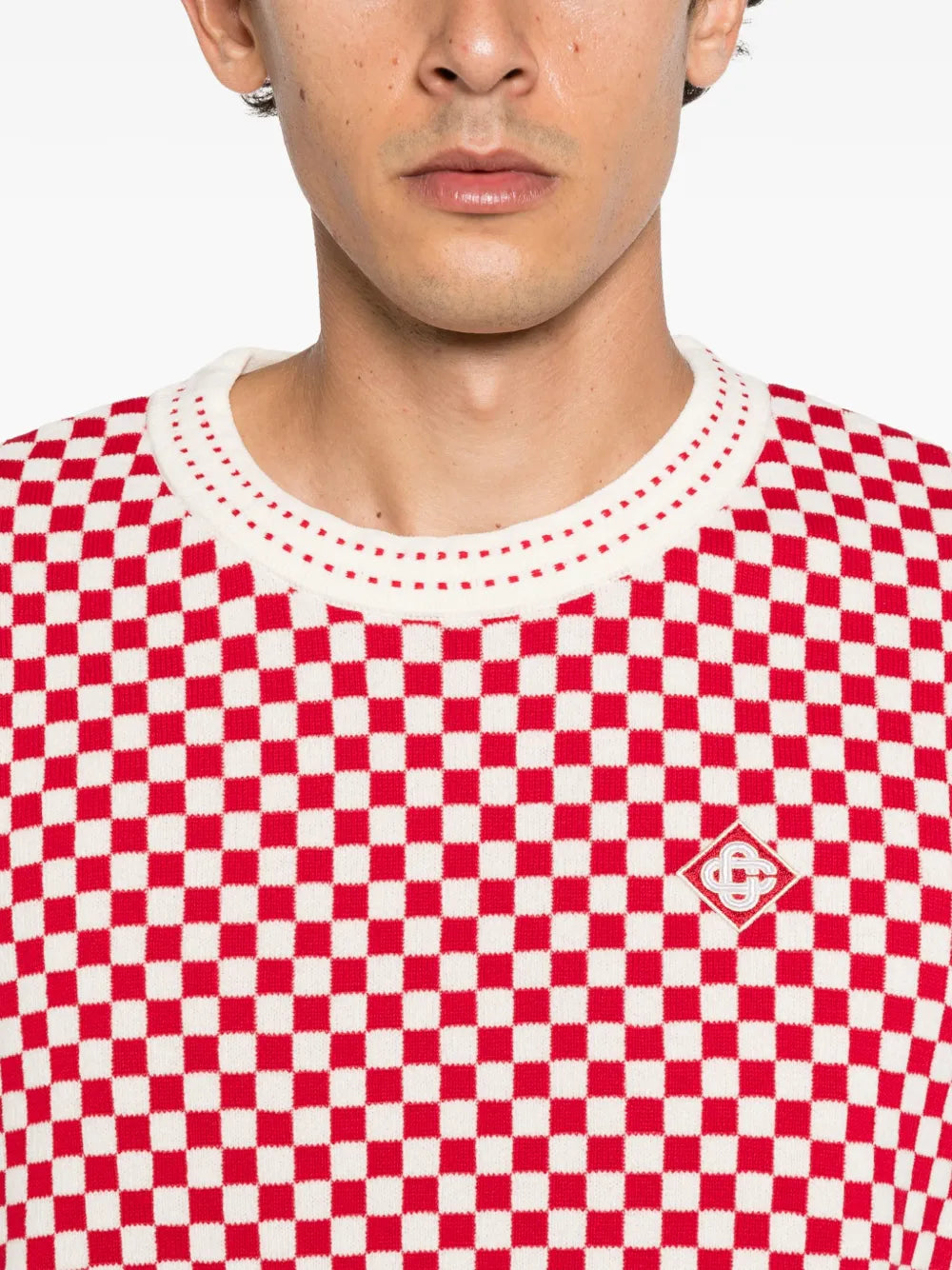 checkerboard-knit logo-patch sweater