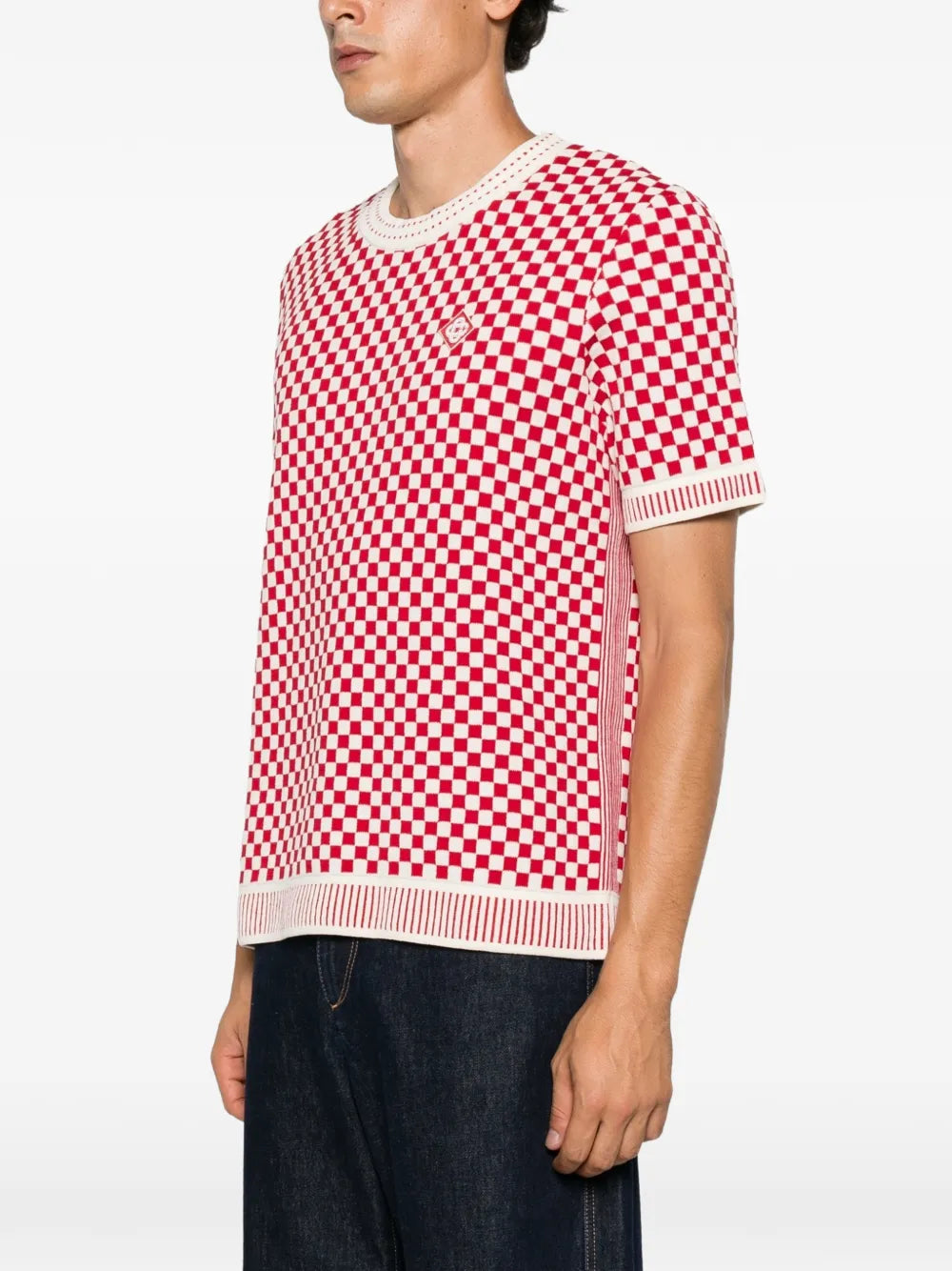 checkerboard-knit logo-patch sweater