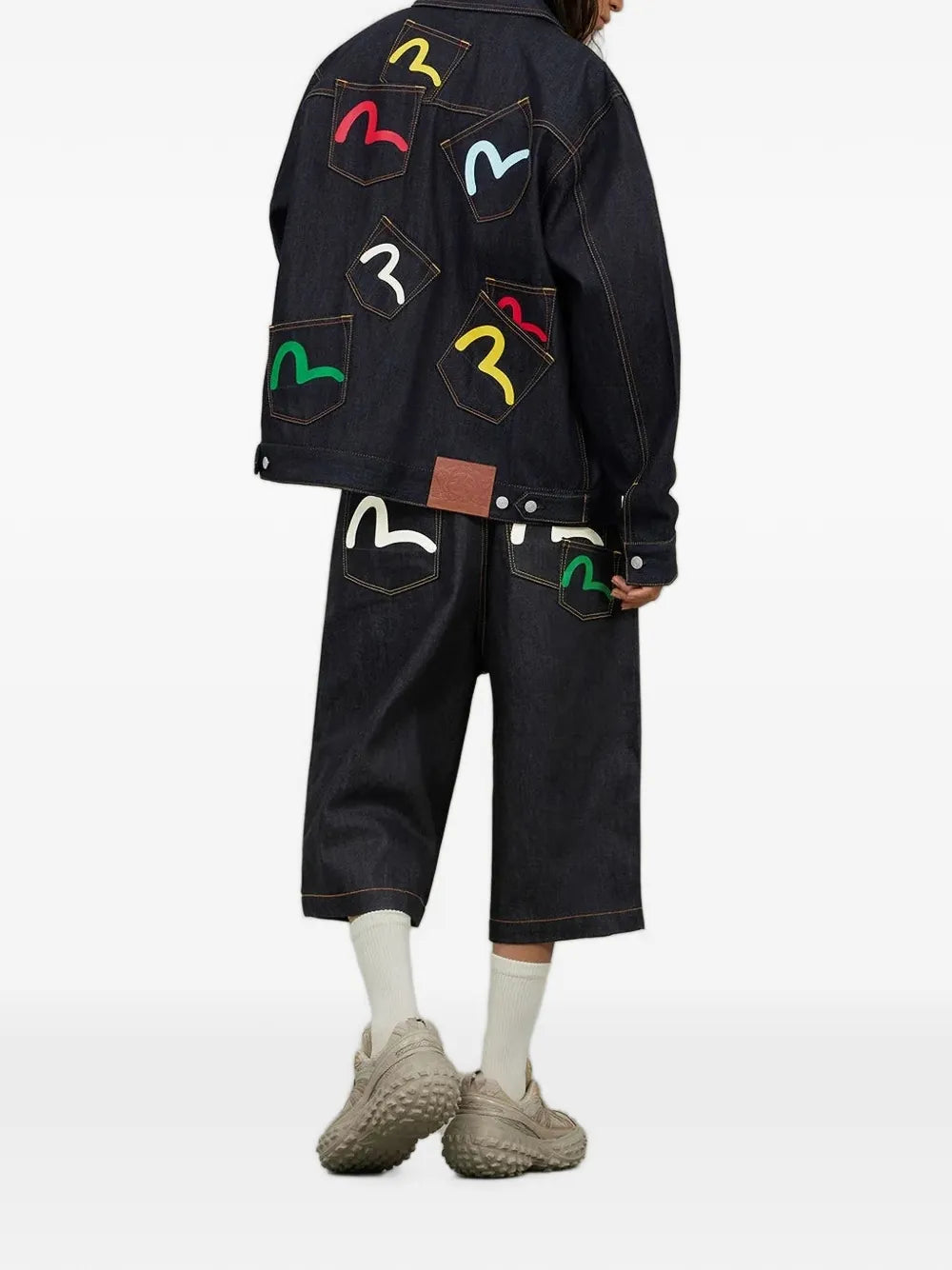 Seagull-print multi-pocket denim jacket