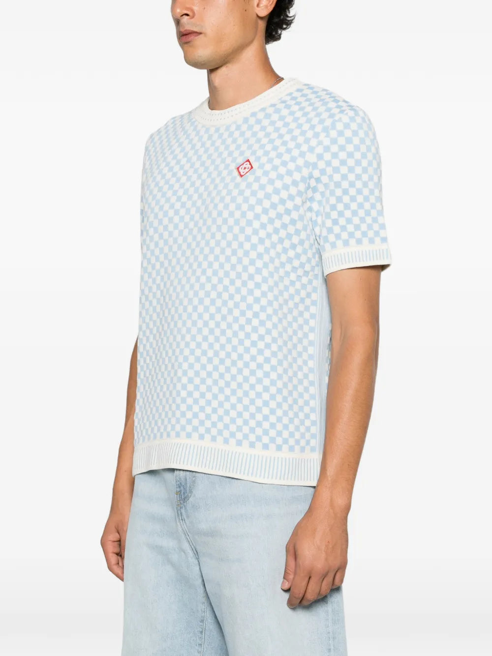 checkerboard-knit logo-patch T-shirt