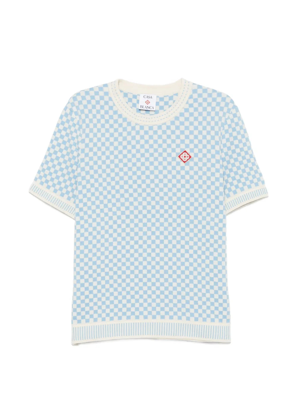 checkerboard-knit logo-patch T-shirt