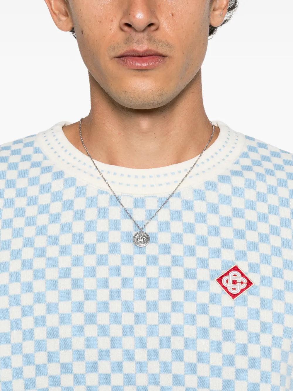 checkerboard-knit logo-patch T-shirt