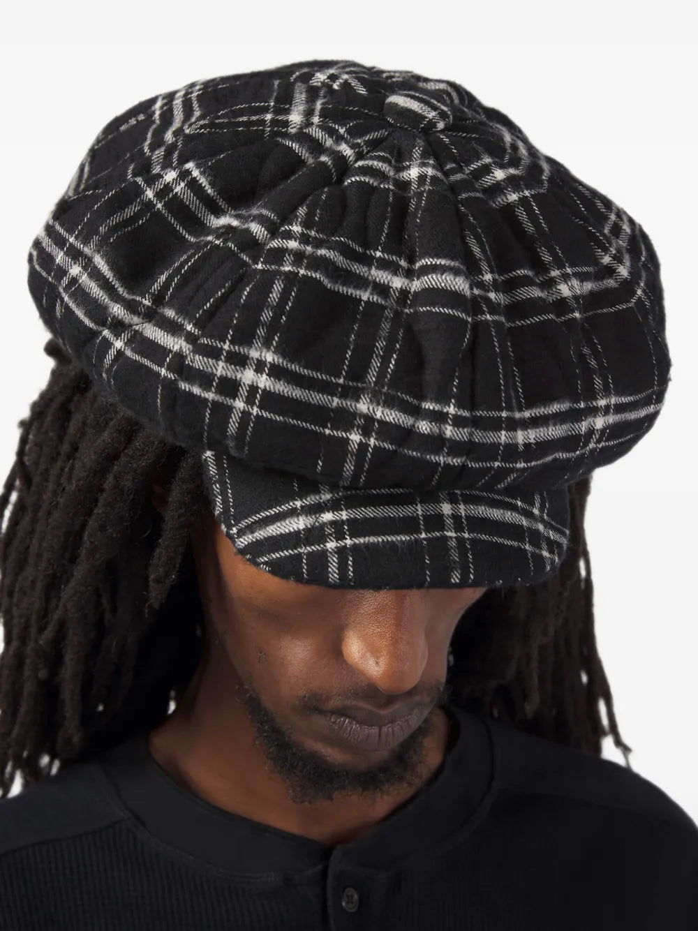 check-pattern baker boy hat