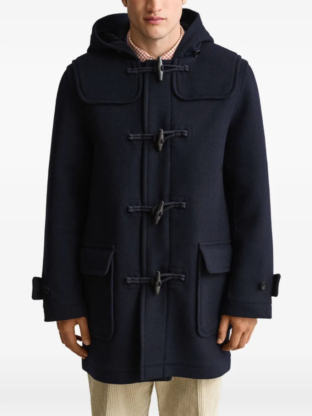hooded toggle-fastening duffle coat