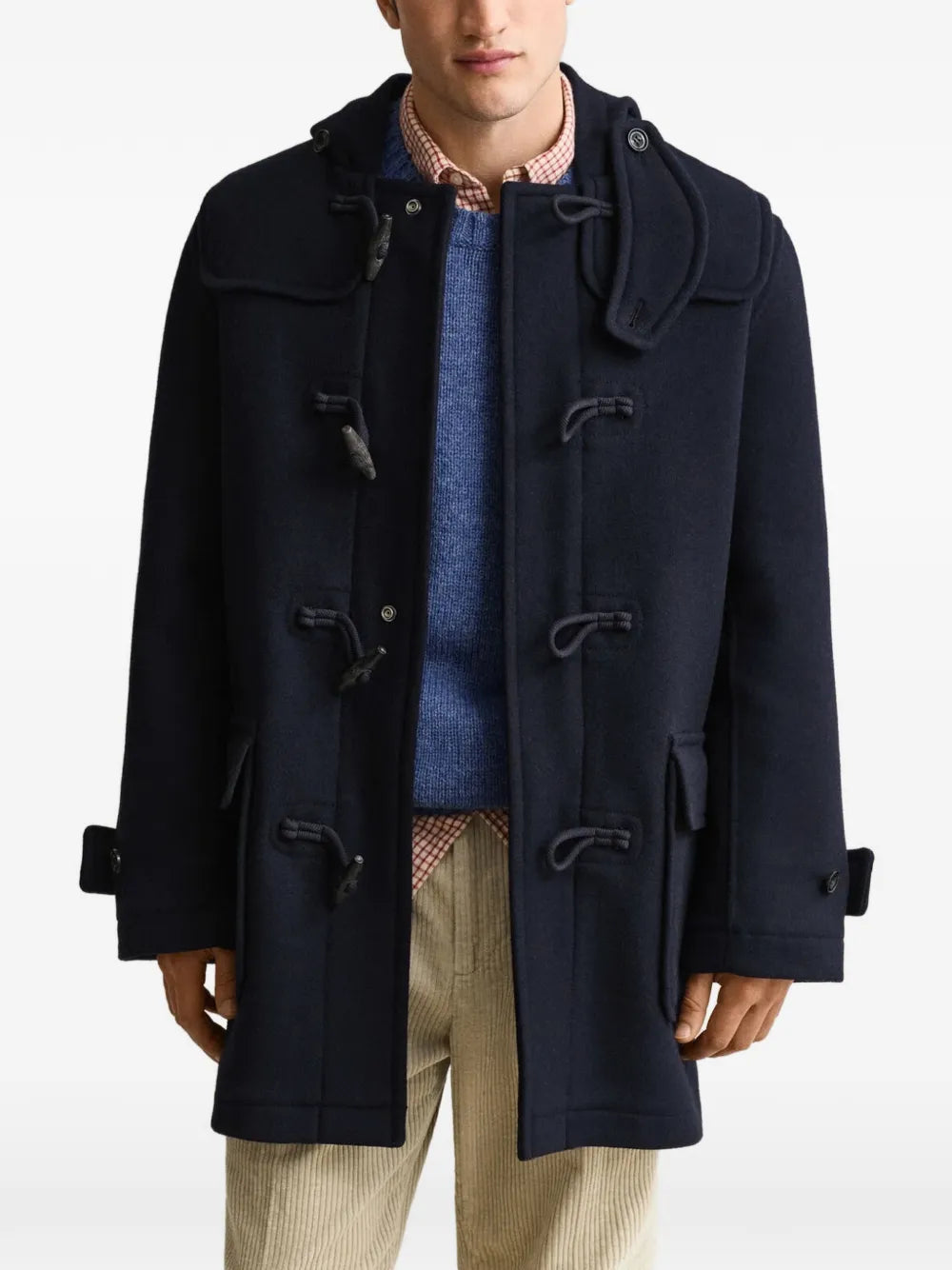 hooded toggle-fastening duffle coat