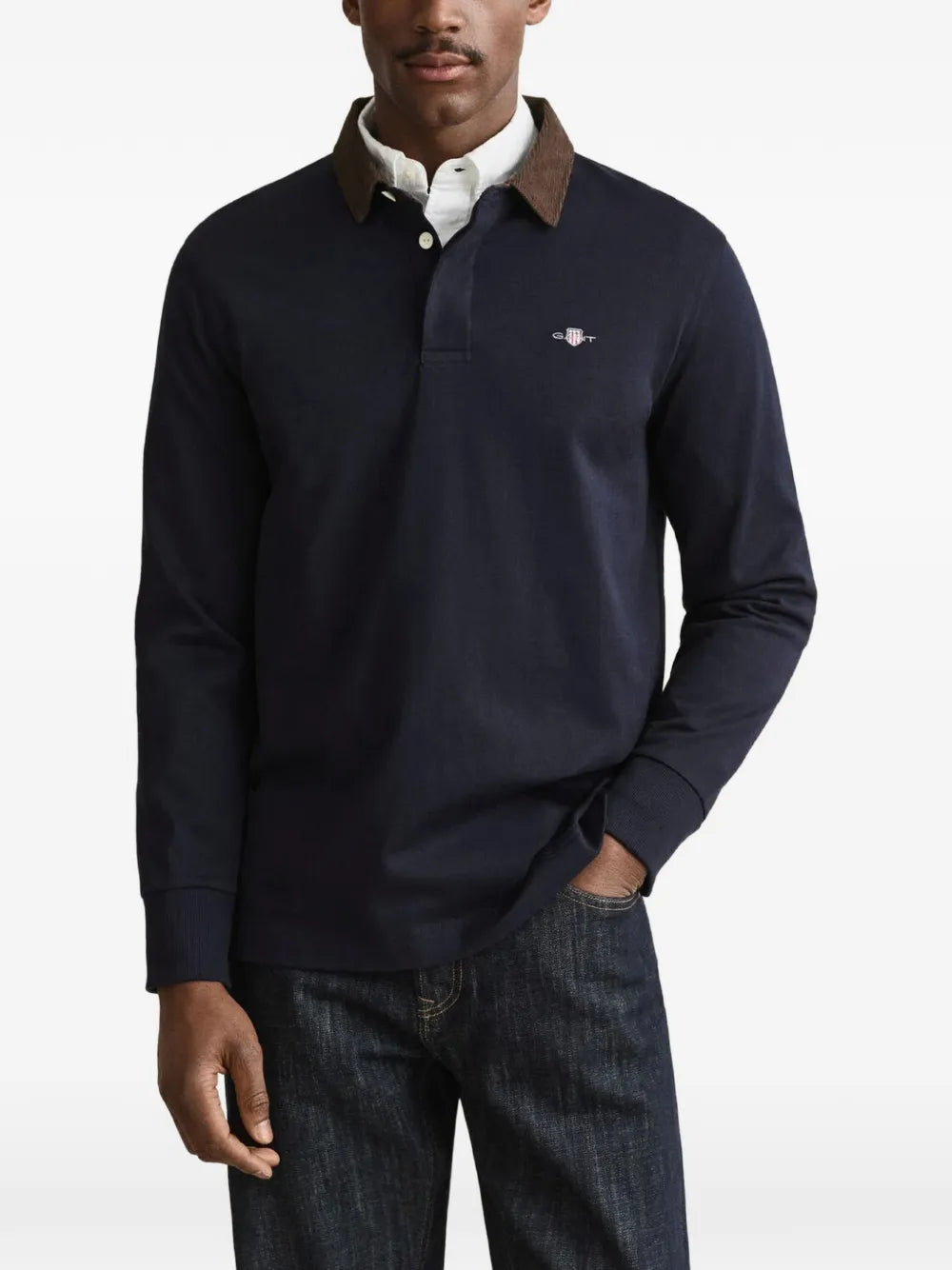 corduroy-collar long-sleeve polo shirt