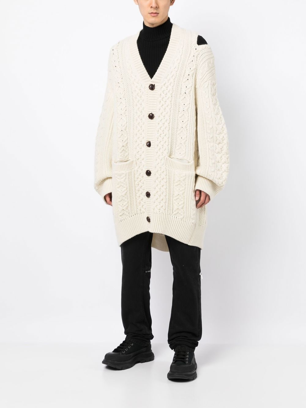 Zip-Detail Aran-Knit Cardigan
