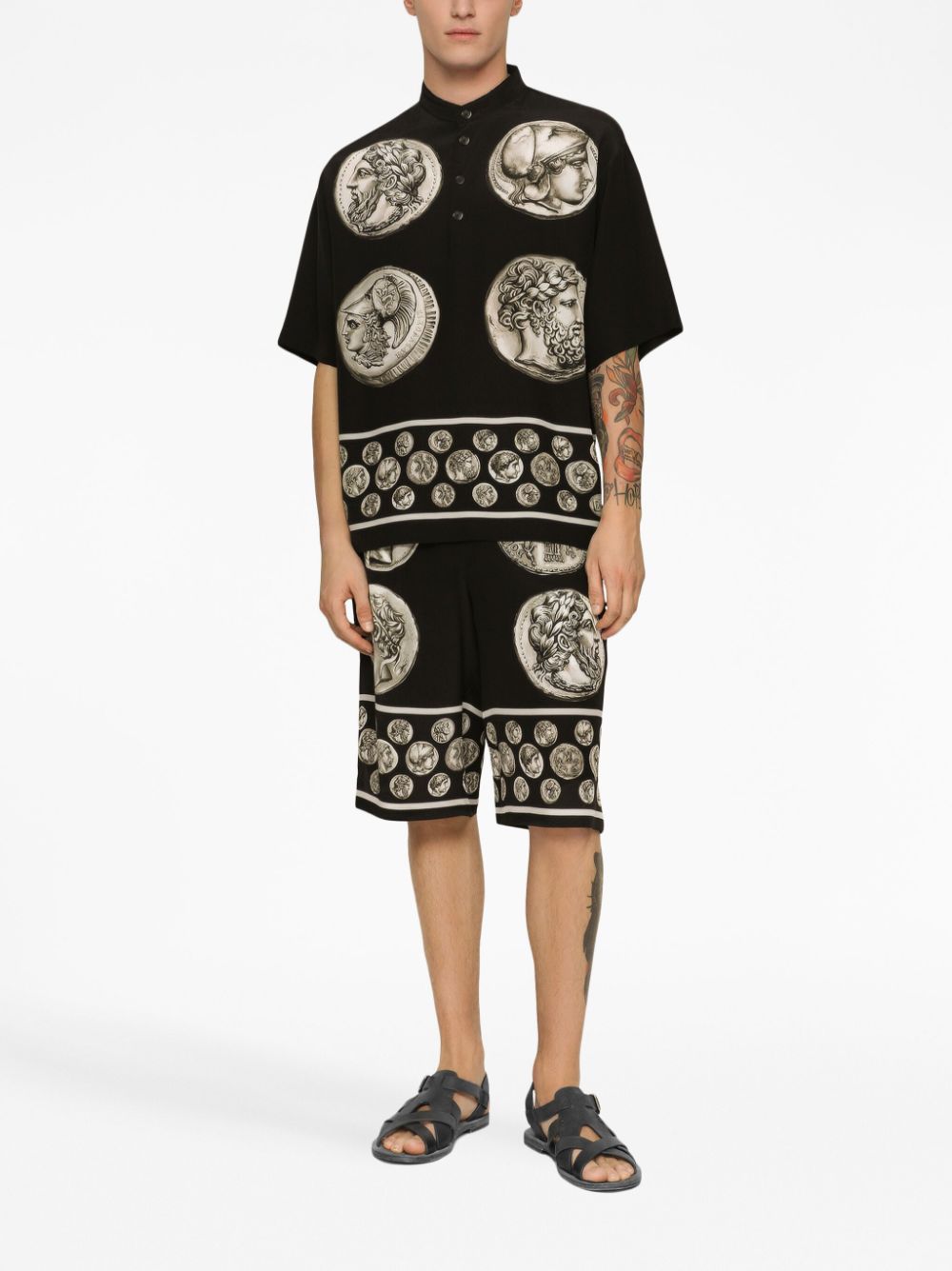 Roman-Coin Print Silk Bermuda Shorts