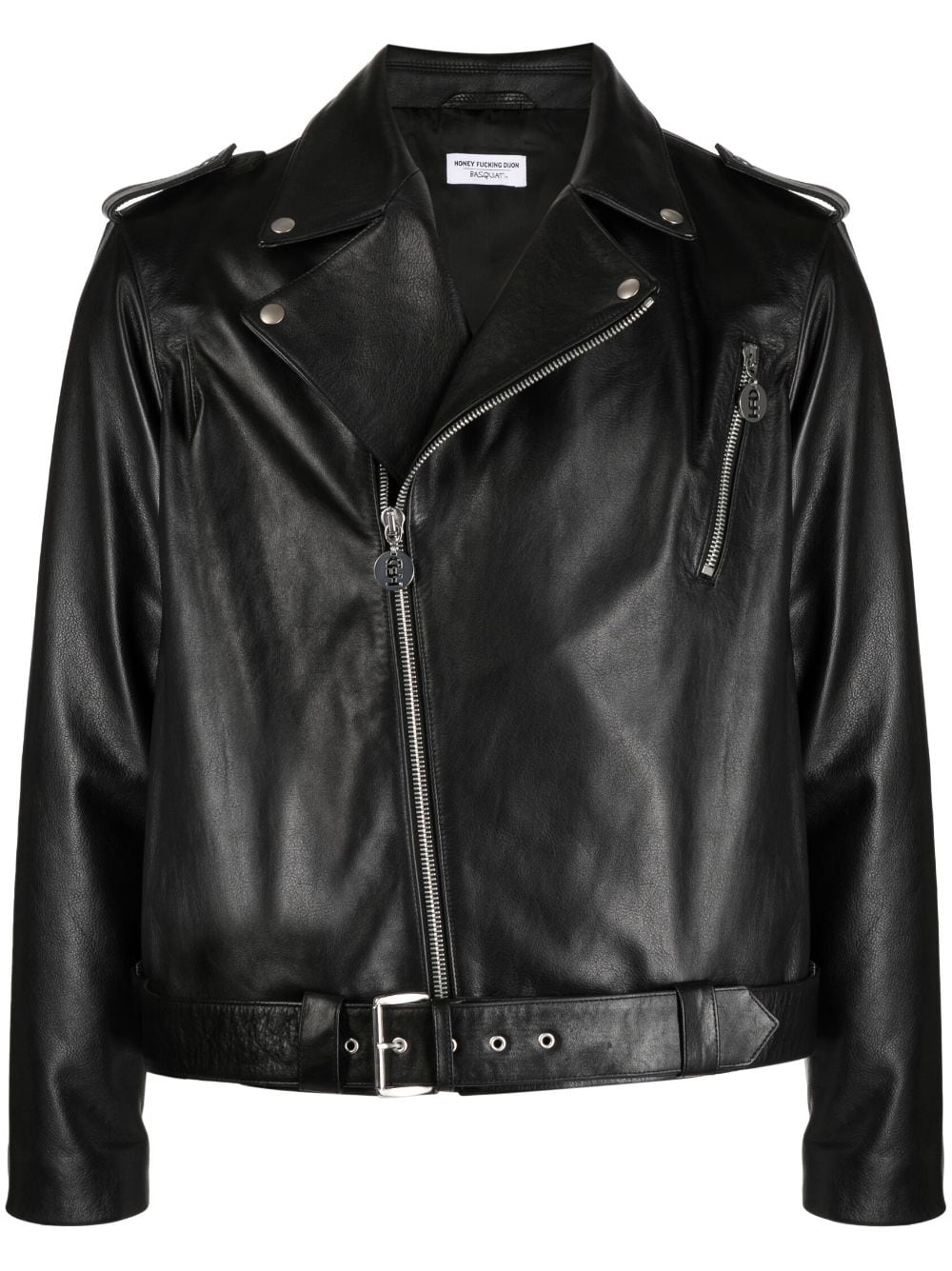 Slogan-Print Leather Biker Jacket